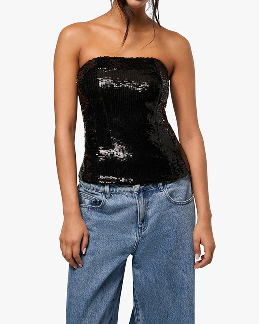 NWT WeWoreWhat Embellished Sequin Strapless Fitted Corset Top Black Women's 0
